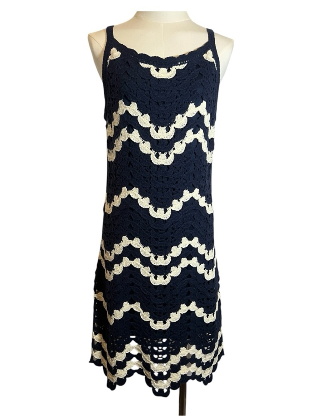 HOUSE OF HARLOW 1960 Crochet Scalloped A-Line Dress, Navy/Cream size Small